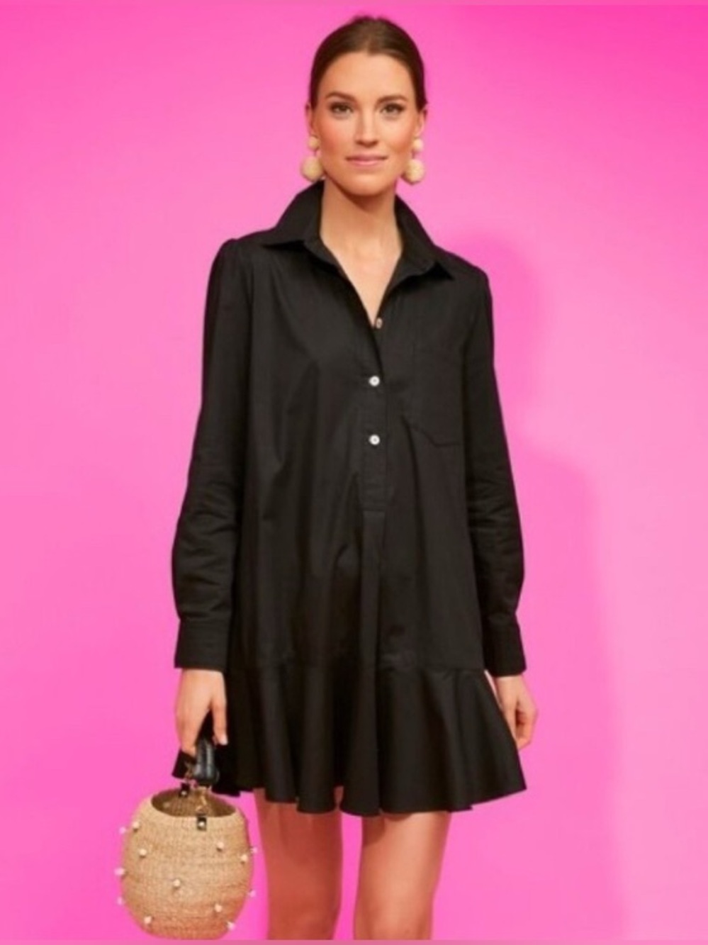 NWOT Tuckernuck Black Callahan Button-Front Ruffle Hem Mini Shirt Dress, XS